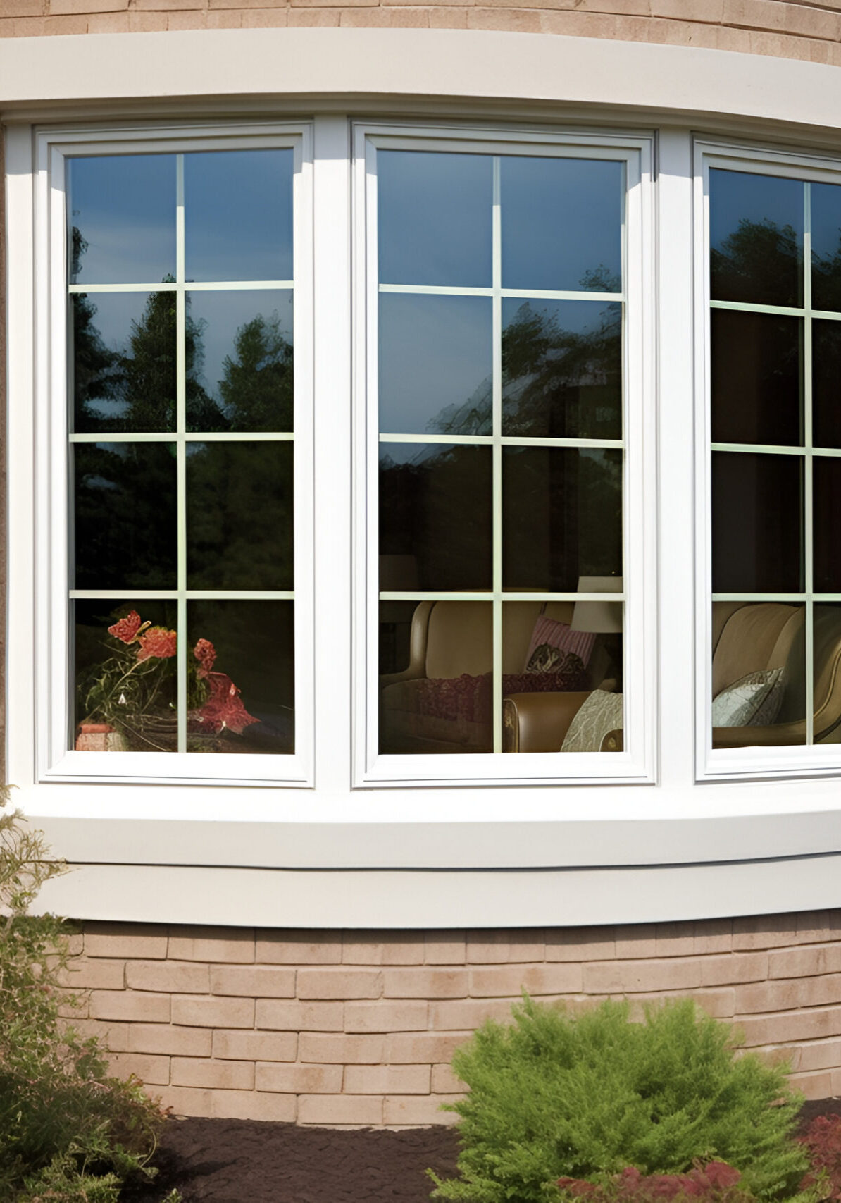 Bow Vinyl Window in a Brick House, Exterior View Bow Vinyl Window in a Brick House, Exterior View